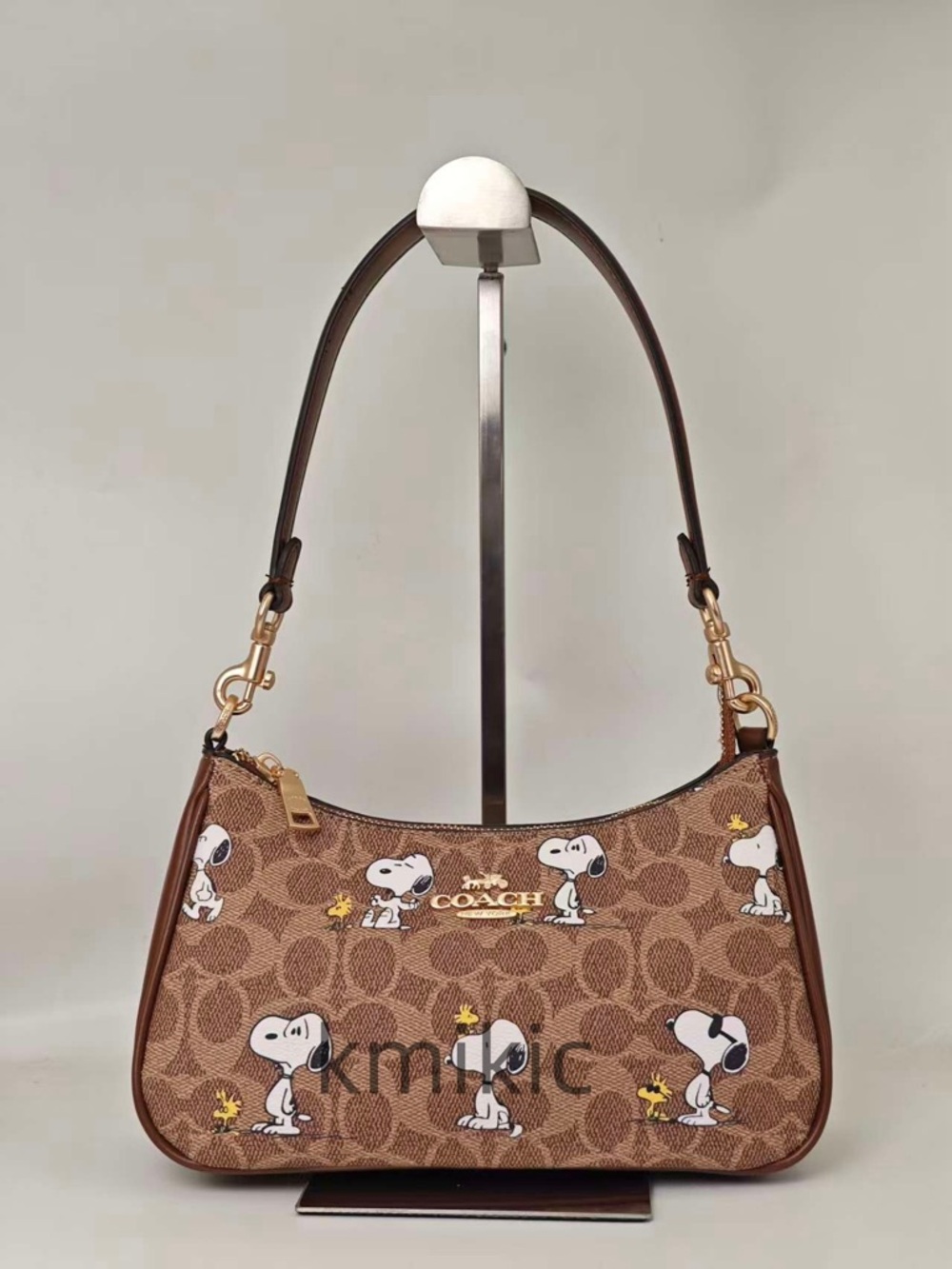 Coach Brown Signature Snoopy Print Shoulder Bag with Gold Hardware